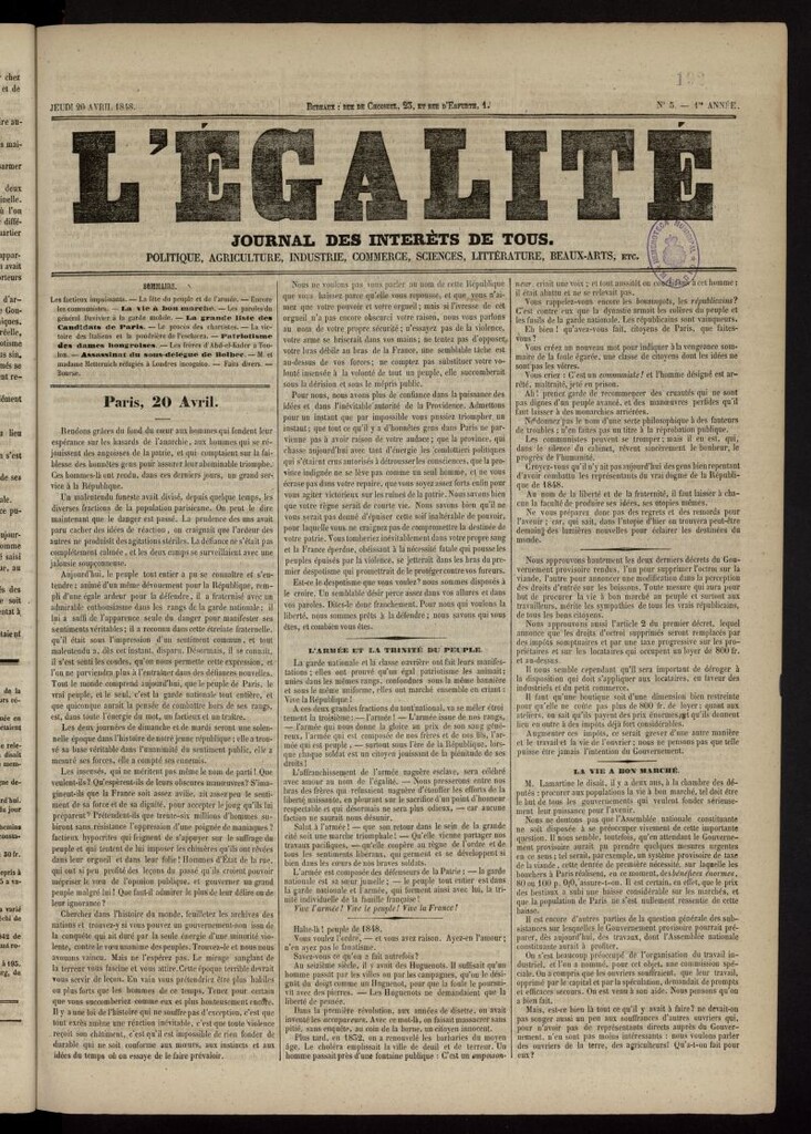 Miniatura de L´Egalité: journal des intéréts de tous del 20 de abril de 1848, nº 5