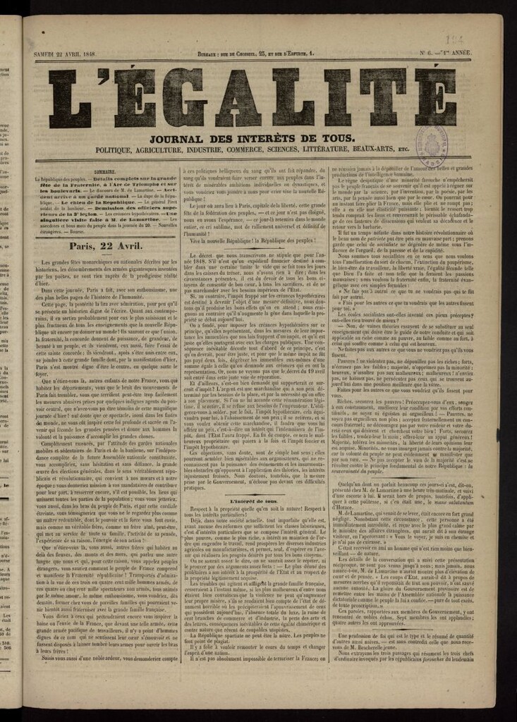 Miniatura de L´Egalité: journal des intéréts de tous del 22 de abril de 1848, nº 6