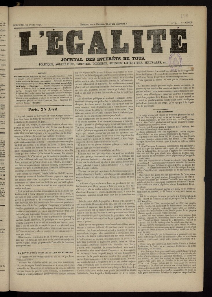 Miniatura de L´Egalité: journal des intéréts de tous del 23 de abril de 1848, nº 7
