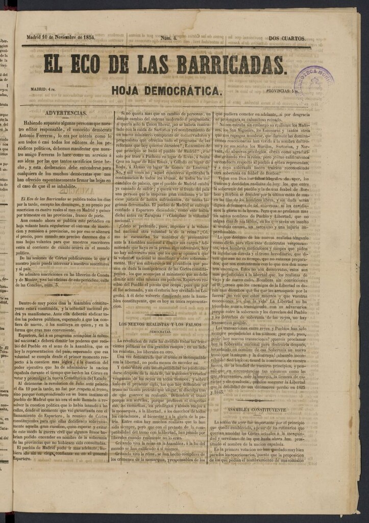 Miniatura de El Eco de las Barricadas: hoja democrática del 9 de noviembre de 1854, nº 3