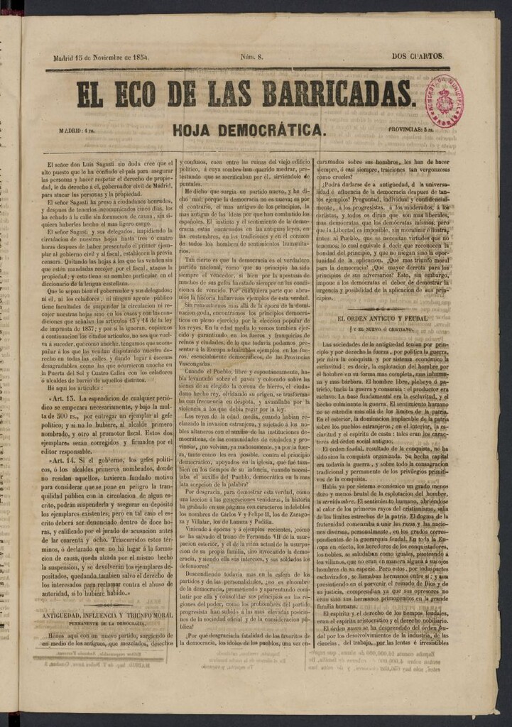 Miniatura de El Eco de las Barricadas: hoja democrática del 15 de noviembre de 1854, nº 8