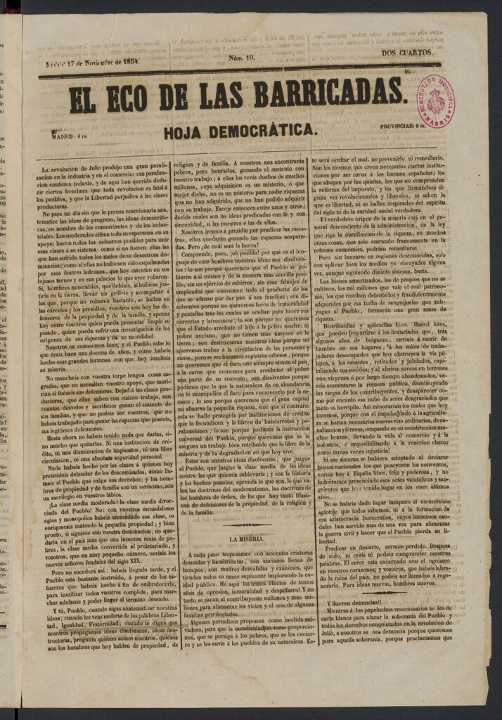 Miniatura de El Eco de las Barricadas: hoja democrática del 17 de noviembre de 1854, nº 10