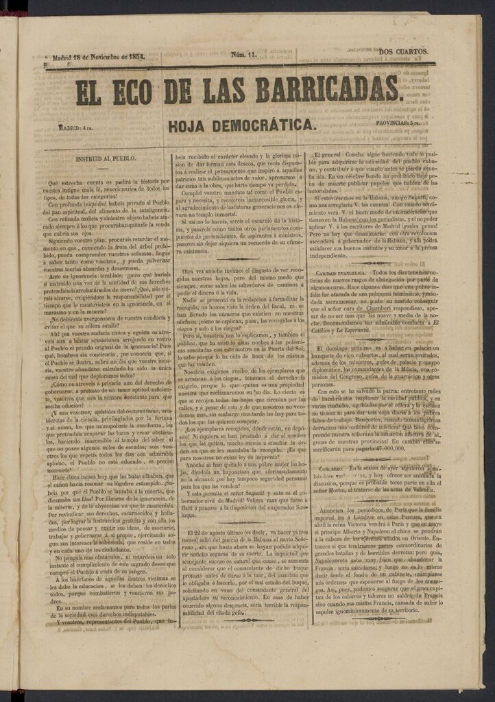 Miniatura de El Eco de las Barricadas: hoja democrática del 18 de noviembre de 1854, nº 11