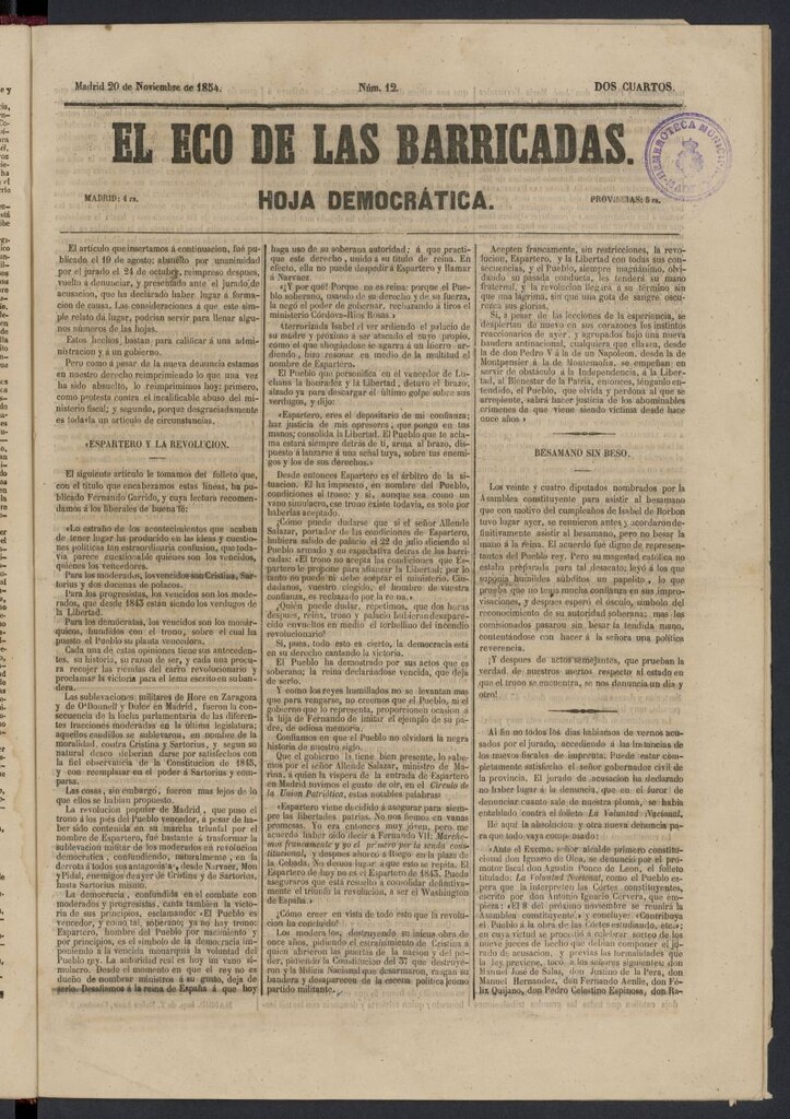 Miniatura de El Eco de las Barricadas: hoja democrática del 20 de noviembre de 1854, nº 12
