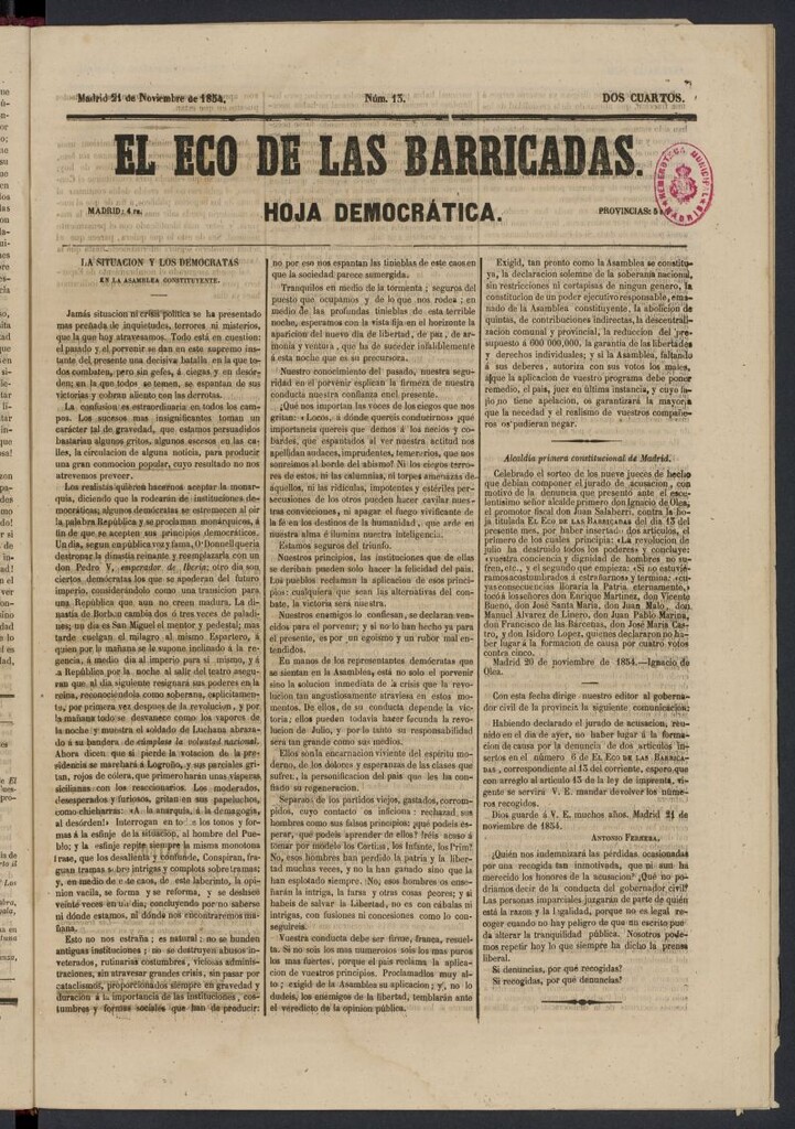 Miniatura de El Eco de las Barricadas: hoja democrática del 21 de noviembre de 1854, nº 13