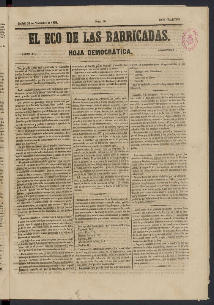 Miniatura de El Eco de las Barricadas: hoja democrática del 24 de noviembre de 1854, nº 16