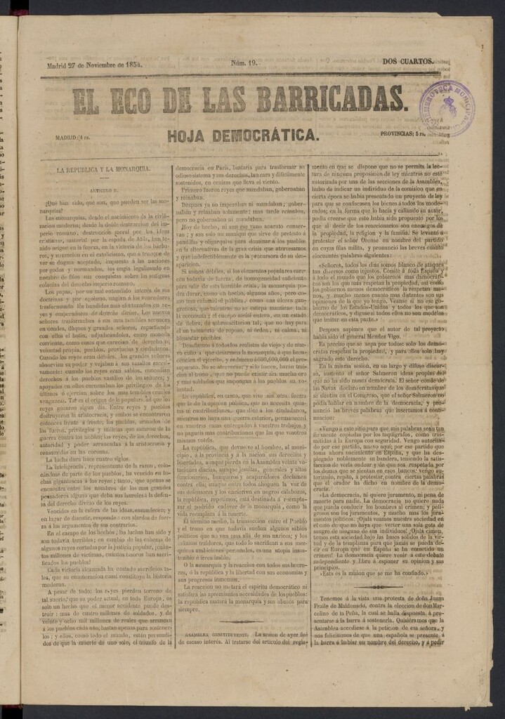 Miniatura de El Eco de las Barricadas: hoja democrática del 27 de noviembre de 1854, nº 19
