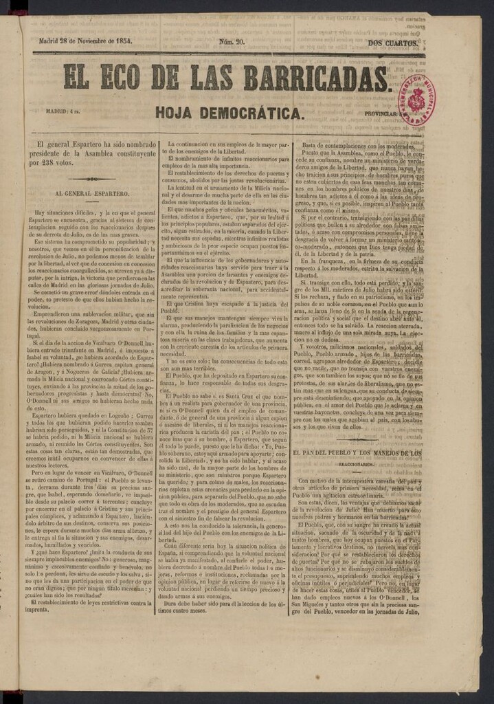 Miniatura de El Eco de las Barricadas: hoja democrática del 28 de noviembre de 1854, nº 20