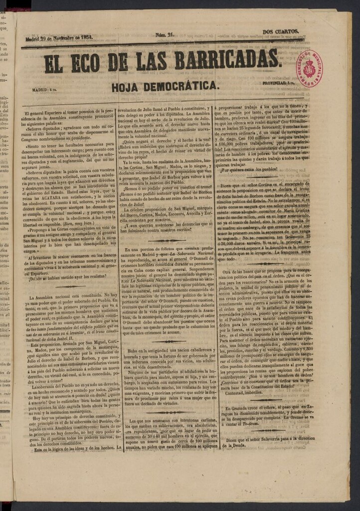 Miniatura de El Eco de las Barricadas: hoja democrática del 29 de noviembre de 1854, nº 21