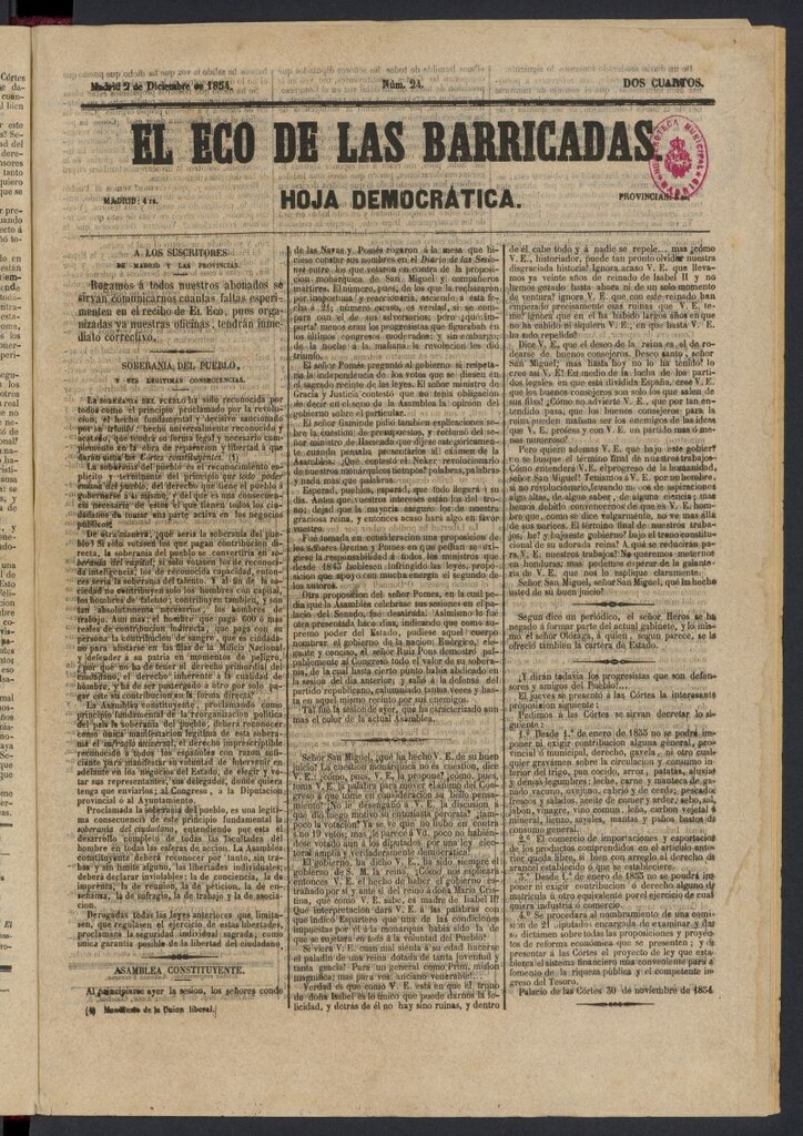 Miniatura de El Eco de las Barricadas: hoja democrática del 2 de diciembre de 1854, nº 24