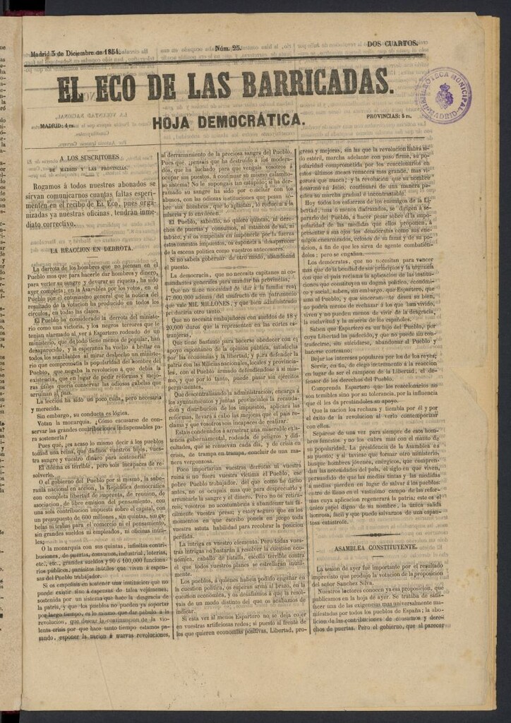 Miniatura de El Eco de las Barricadas: hoja democrática del 3 de diciembre de 1854, nº 25