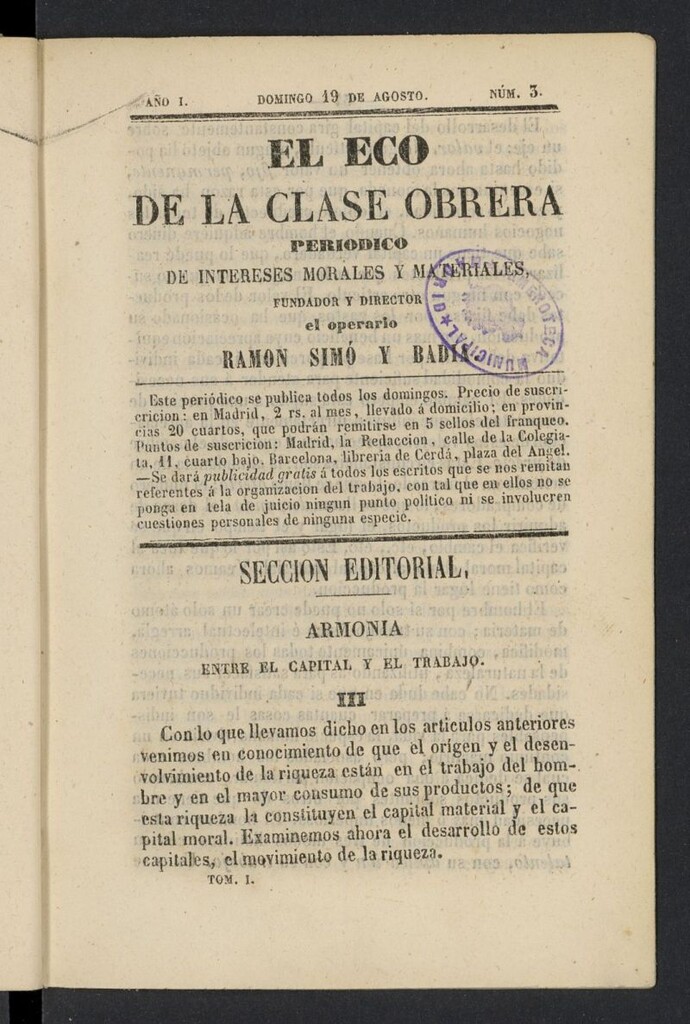 Miniatura de El Eco de la clase obrera del 19 de agosto de 1855, nº 3
