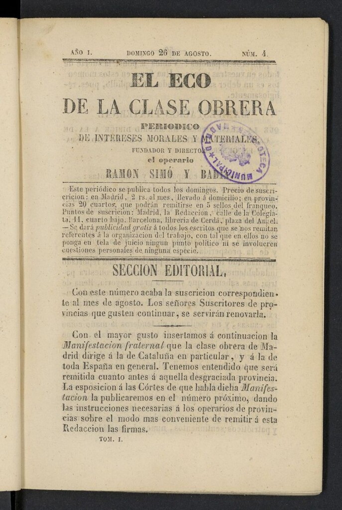 Miniatura de El Eco de la clase obrera del 26 de agosto de 1855, nº 4