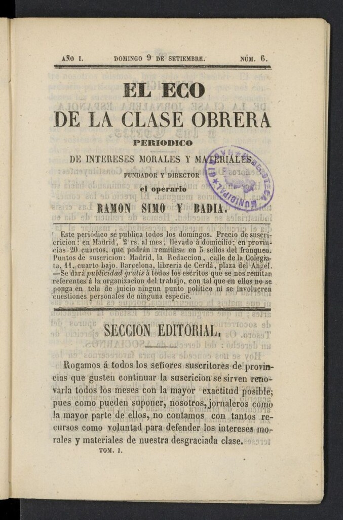 Miniatura de El Eco de la clase obrera del 9 de septiembre de 1855, nº 6