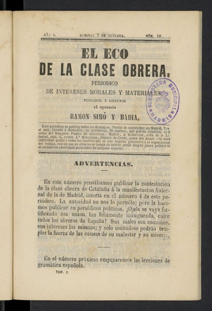 Miniatura de El Eco de la clase obrera del 7 de octubre de 1855, nº 10
