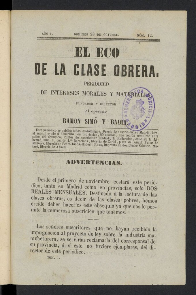 Miniatura de El Eco de la clase obrera del 28 de octubre de 1855, nº 12