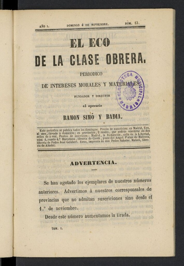 Miniatura de El Eco de la clase obrera del 4 de noviembre de 1855, nº 13