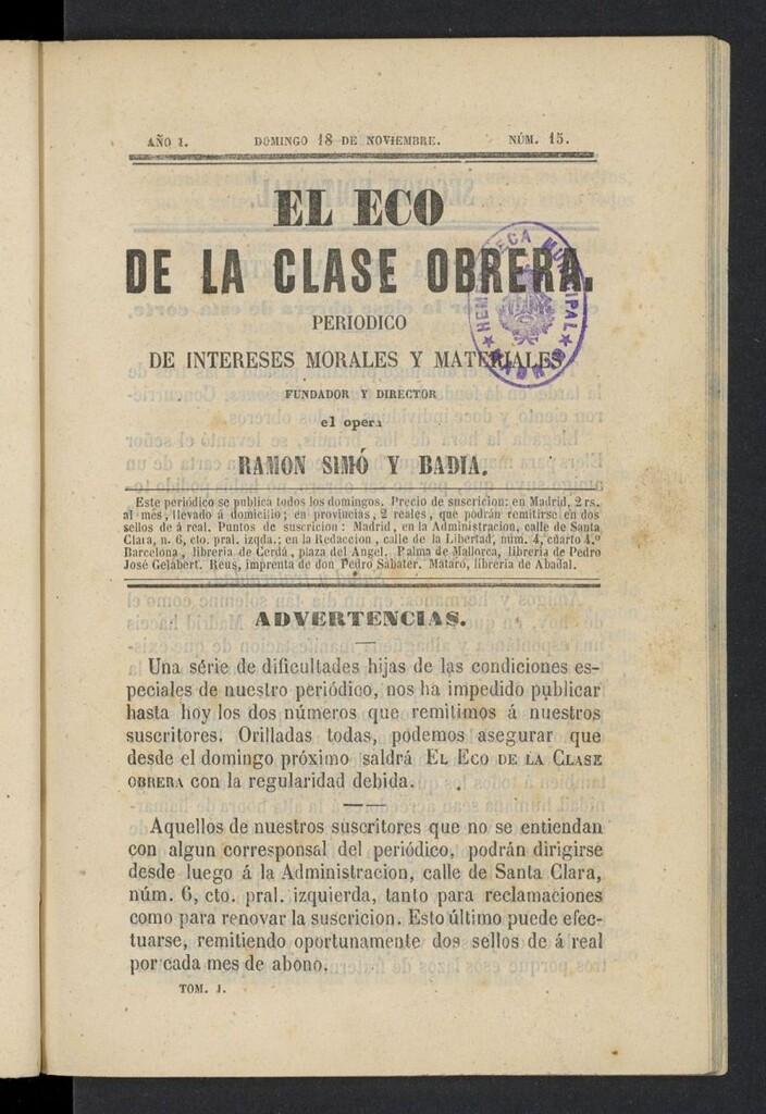 Miniatura de El Eco de la clase obrera del 18 de noviembre de 1855, nº 15