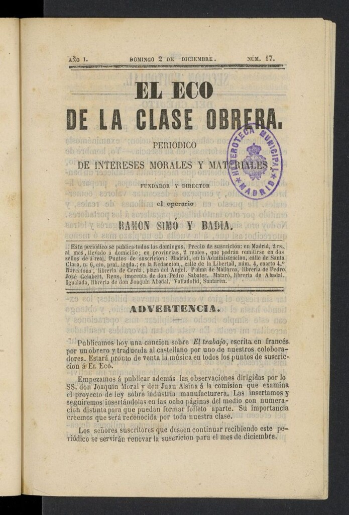 Miniatura de El Eco de la clase obrera del 2 de diciembre de 1855, nº 17
