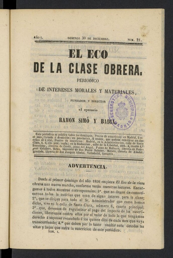 Miniatura de El Eco de la clase obrera del 30 de diciembre de 1855, nº 21