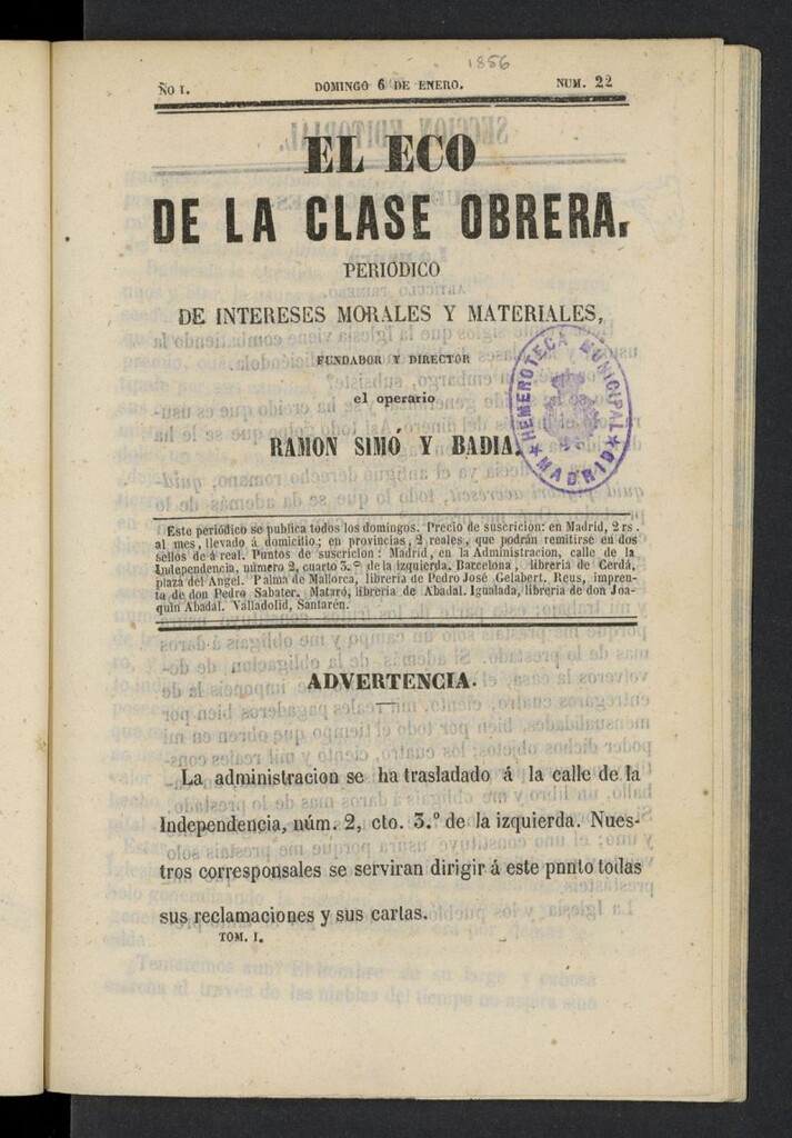 Miniatura de El Eco de la clase obrera: periódico de intereses morales y materiales del 6 de enero de 1856, nº 22