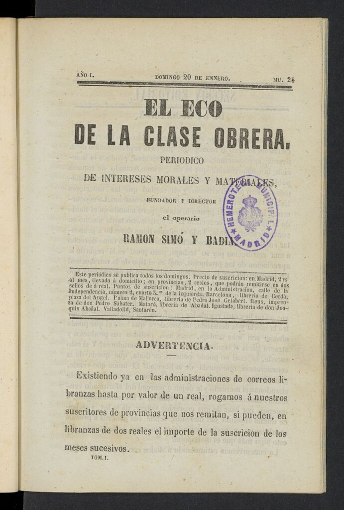 Miniatura de El Eco de la clase obrera del 20 de enero de 1856, nº 24