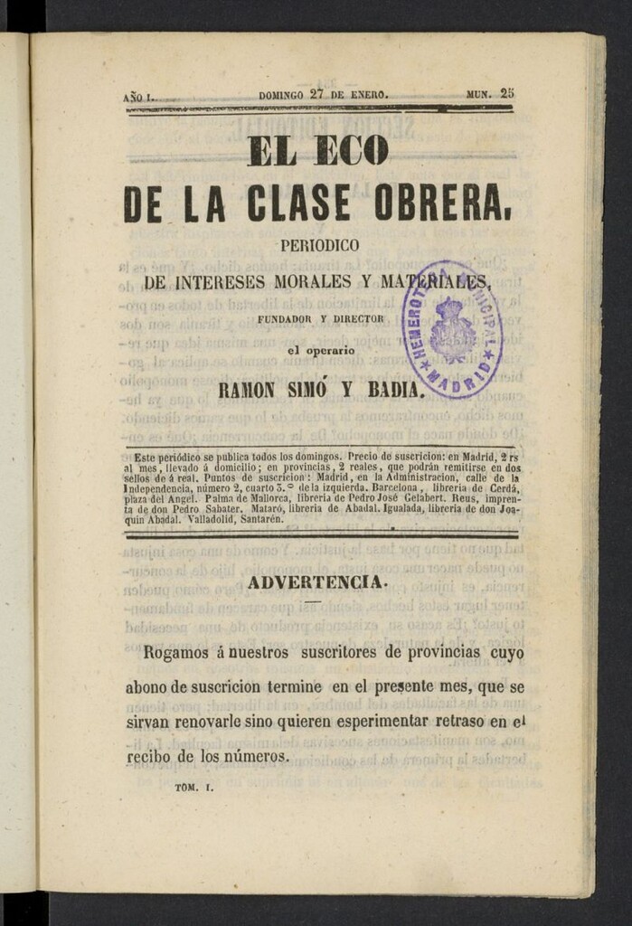 Miniatura de El Eco de la clase obrera del 27 de enero de 1856, nº 25