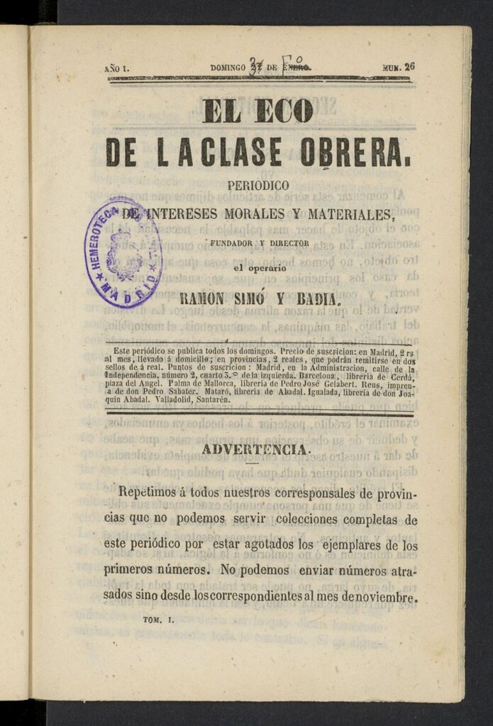 Miniatura de El Eco de la clase obrera del 3 de febrero de 1856, nº 26