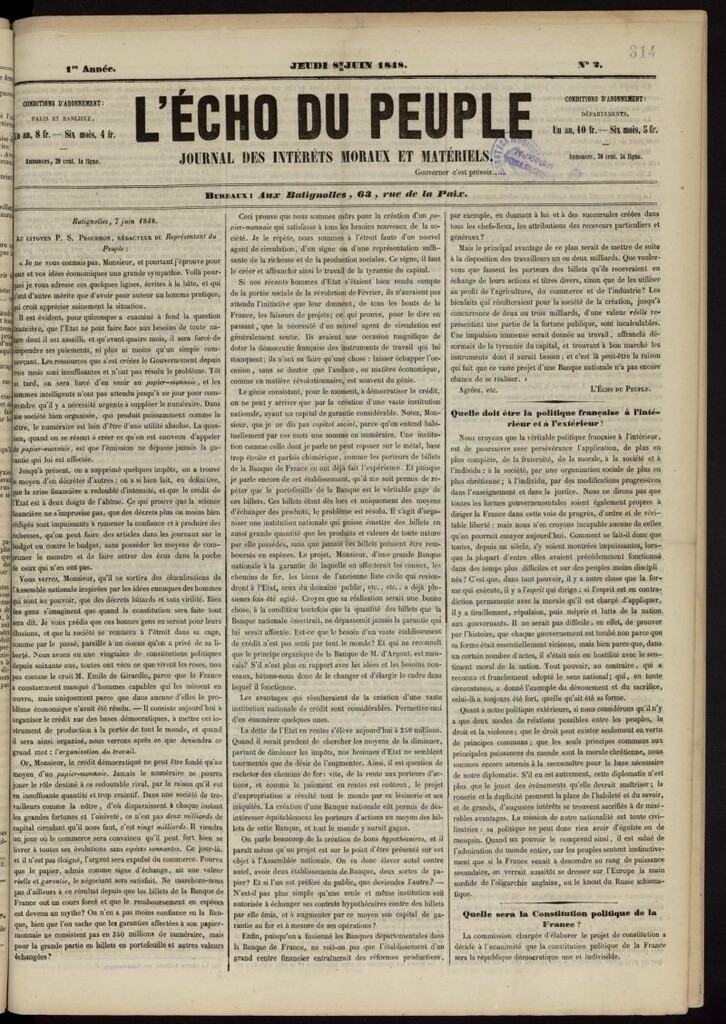 Miniatura de L´Écho du Peuple: journal des intéréts moraux et matériels del 7 de junio de 1848, nº 2