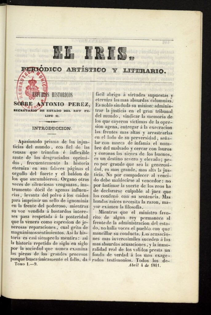 Miniatura de El Iris: semanario enciclopédico (Tomo I) del 4 de abril de 1841, nº 9