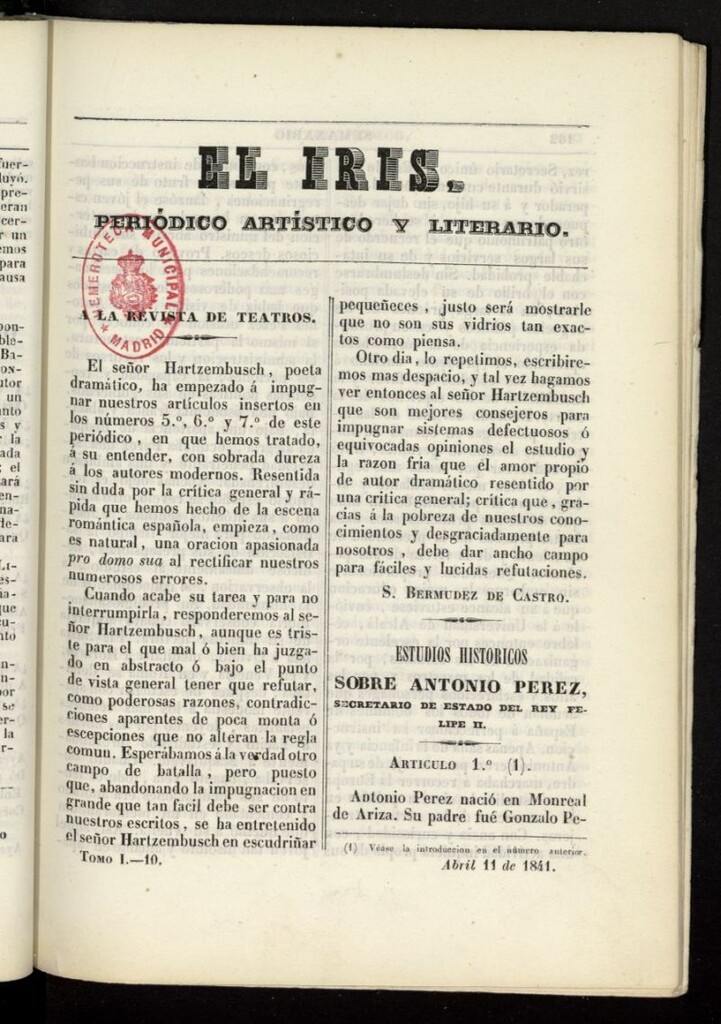 Miniatura de El Iris: semanario enciclopédico (Tomo I) del 11 de abril de 1841, nº 10