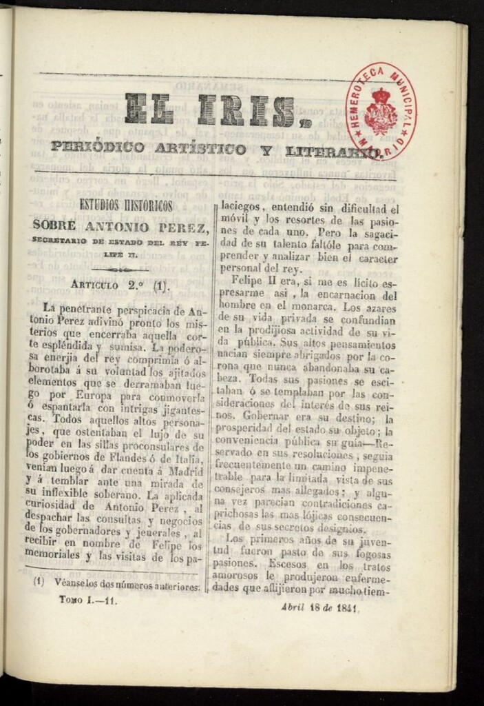 Miniatura de El Iris: semanario enciclopédico (Tomo I) del 18 de abril de 1841, nº 11