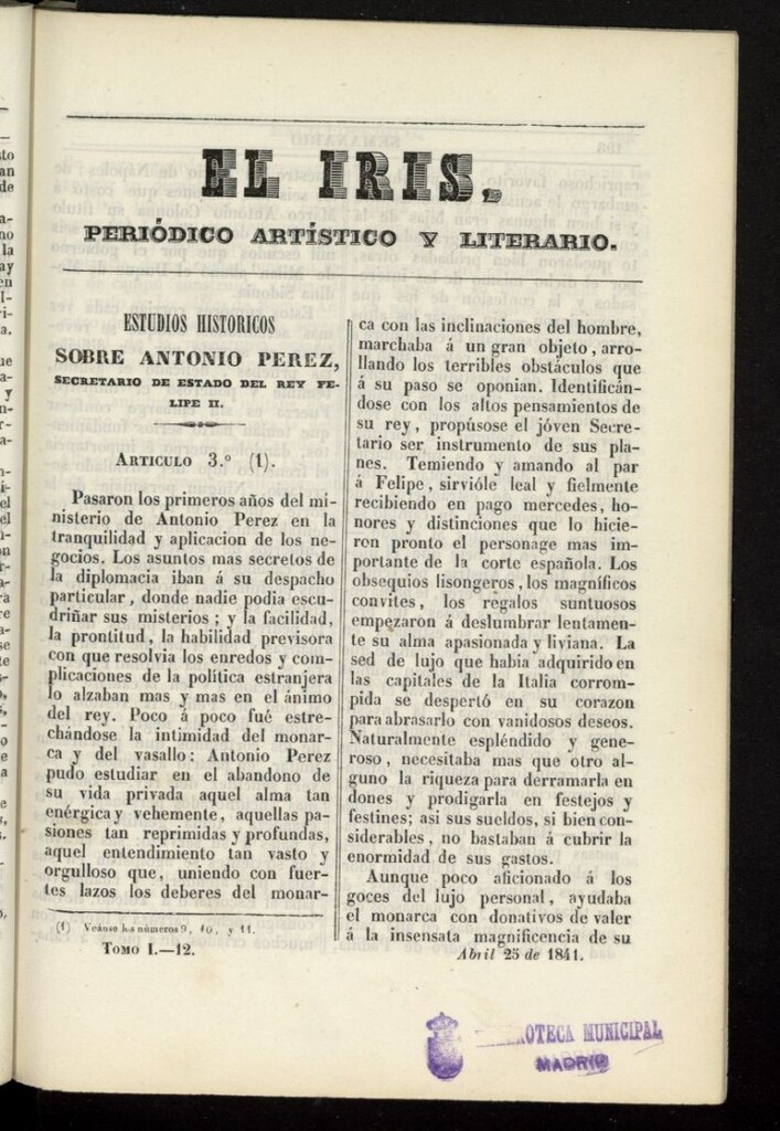 Miniatura de El Iris: semanario enciclopédico (Tomo I) del 25 de abril de 1841, nº 12