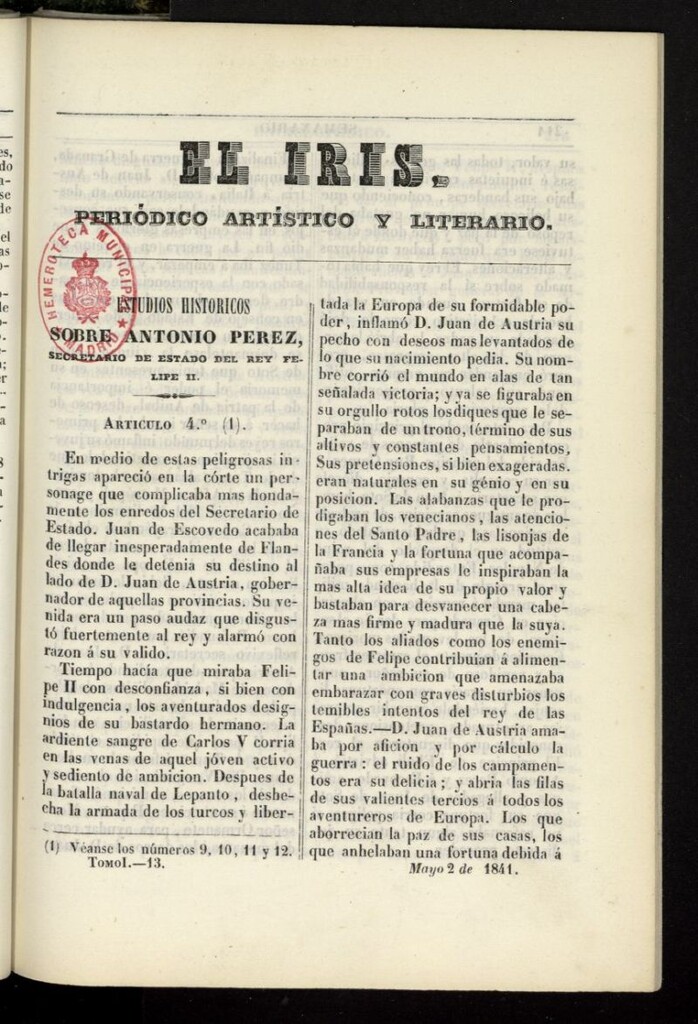 Miniatura de El Iris: semanario enciclopédico (Tomo I) del 2 de mayo de 1841, nº 13