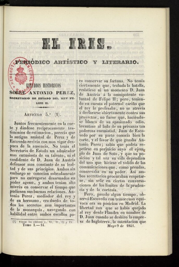Miniatura de El Iris: semanario enciclopédico (Tomo I) del 9 de mayo de 1841, nº 14