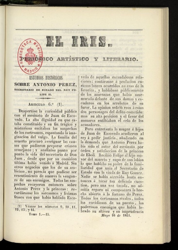 Miniatura de El Iris: semanario enciclopédico (Tomo I) del 16 de mayo de 1841, nº 15