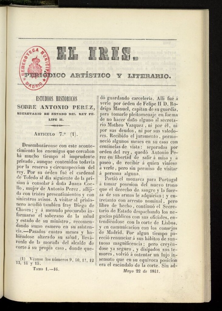 Miniatura de El Iris: semanario enciclopédico (Tomo I) del 22 de mayo de 1841, nº 16