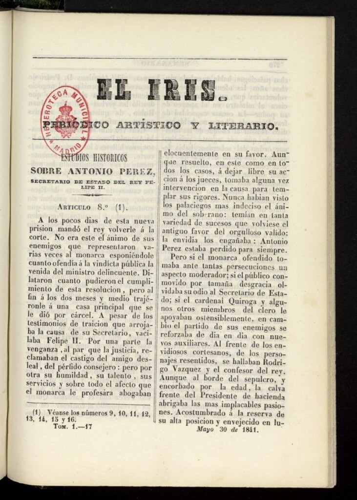 Miniatura de El Iris: semanario enciclopédico (Tomo I) del 30 de mayo de 1841, nº 17