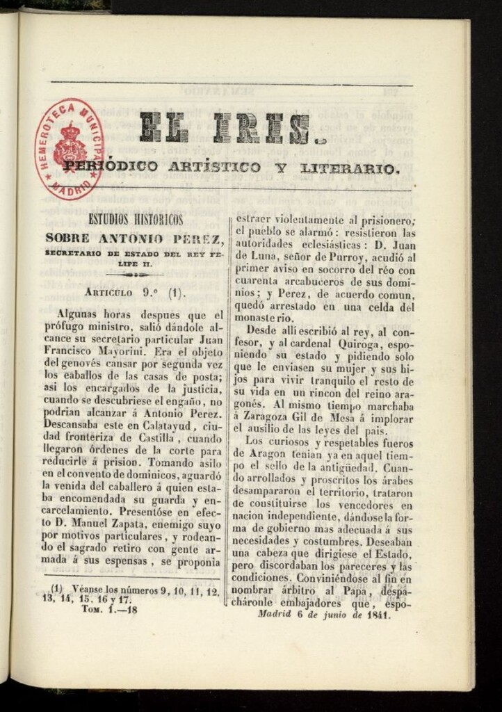 Miniatura de El Iris: semanario enciclopédico (Tomo I) del 6 de junio de 1841, nº 18