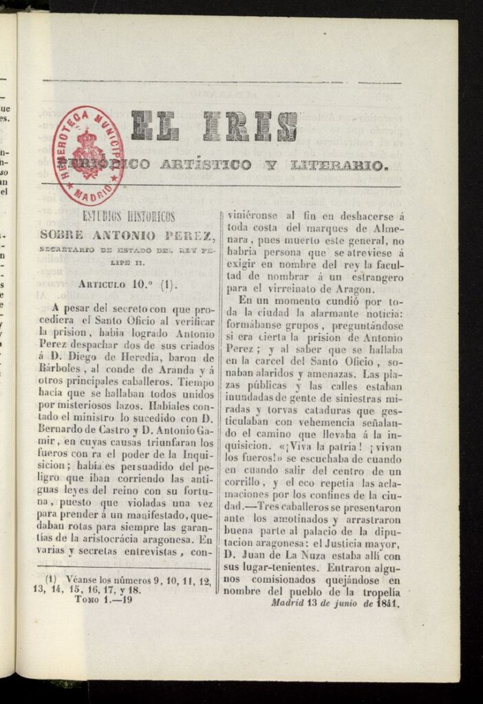 Miniatura de El Iris: semanario enciclopédico (Tomo I) del 13 de junio de 1841, nº 19