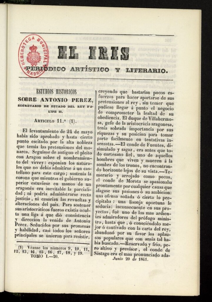Miniatura de El Iris: semanario enciclopédico (Tomo I) del 20 de junio de 1841, nº 20
