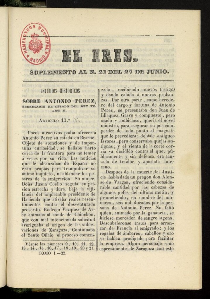 Miniatura de El Iris: semanario enciclopédico (Tomo I) del 27 de junio de 1841, suplemento al nº 21