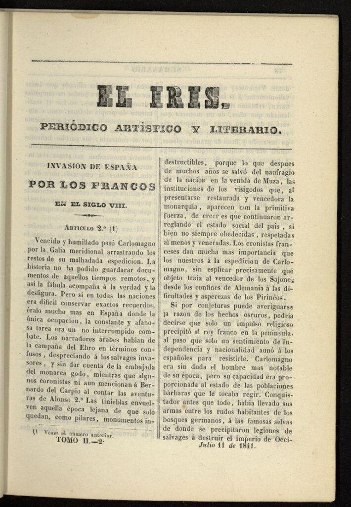 Miniatura de El Iris: semanario enciclopédico (Tomo II) del 11 de julio de 1841, nº 2