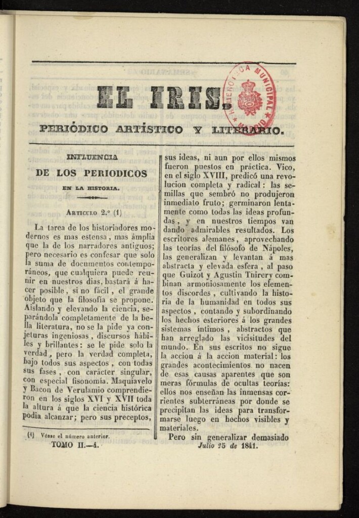Miniatura de El Iris: semanario enciclopédico (Tomo II) del 25 de julio de 1841, nº 4