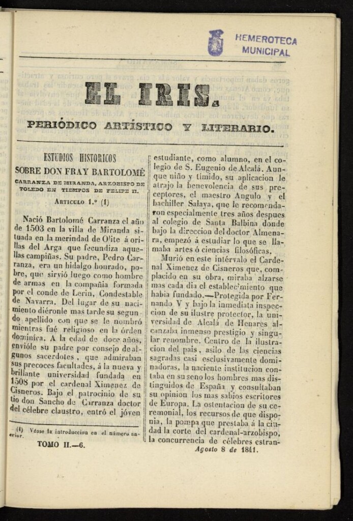 Miniatura de El Iris: semanario enciclopédico (Tomo II) del 8 de agosto de 1841, nº 6
