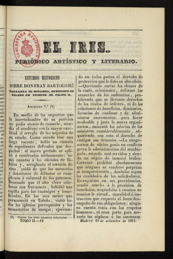 Miniatura de El Iris: semanario enciclopédico (Tomo II) del 19 de septiembre de 1841, nº 12