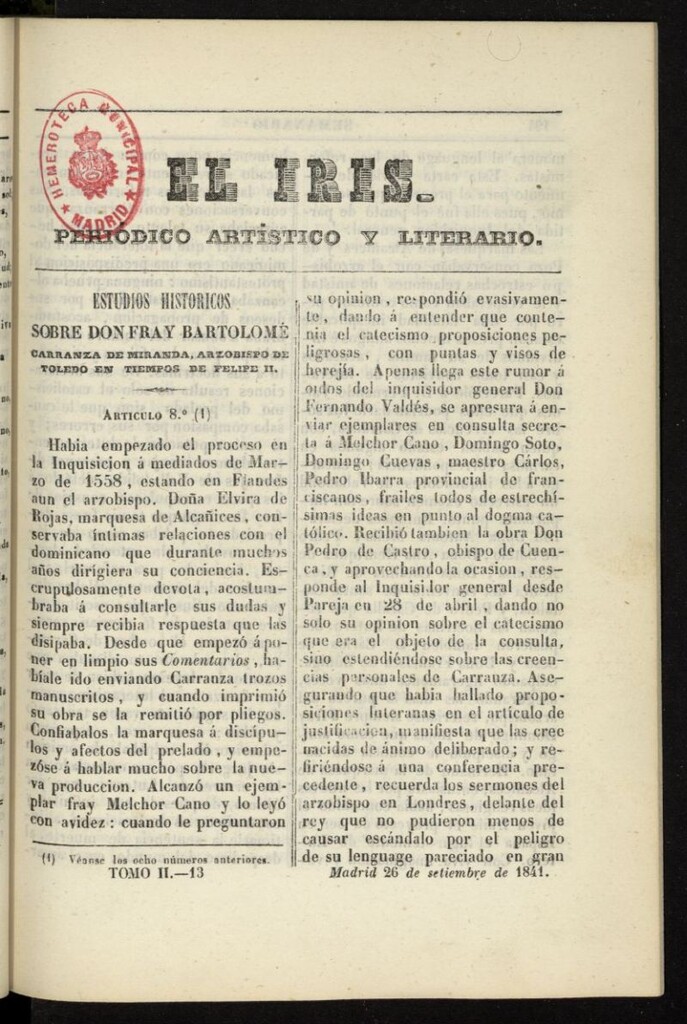Miniatura de El Iris: semanario enciclopédico (Tomo II) del 26 de septiembre de 1841, nº 13