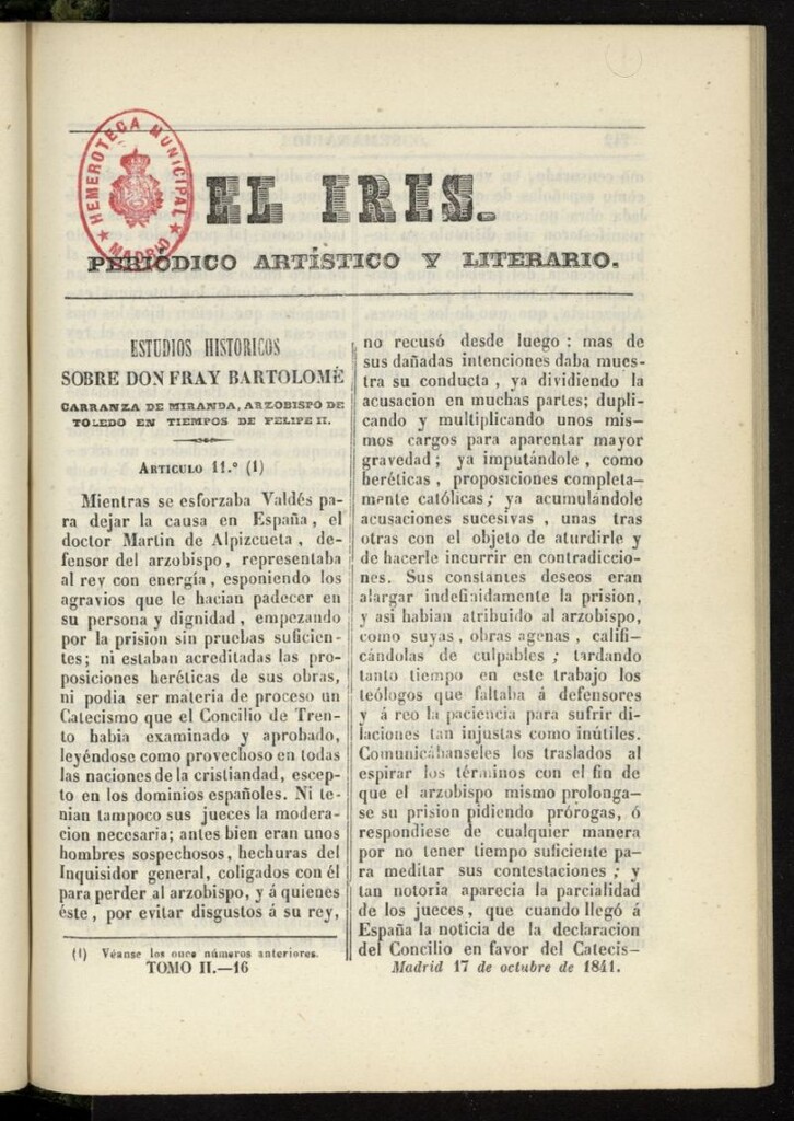 Miniatura de El Iris: semanario enciclopédico (Tomo II) del 17 de octubre de 1841, nº 16