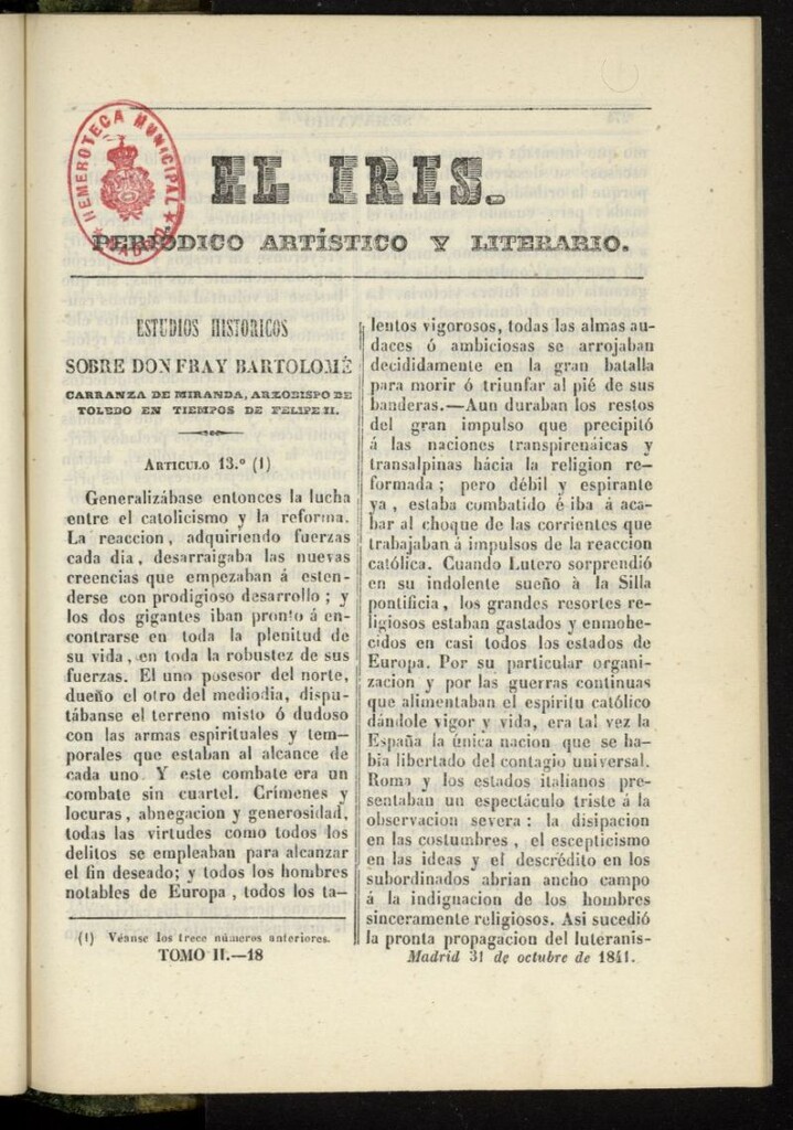 Miniatura de El Iris: semanario enciclopédico (Tomo II) del 31 de octubre de 1841, nº 18