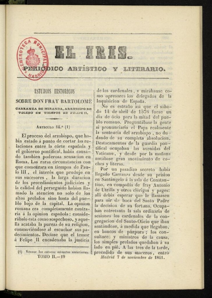 Miniatura de El Iris: semanario enciclopédico (Tomo II) del 7 de noviembre de 1841, nº 19